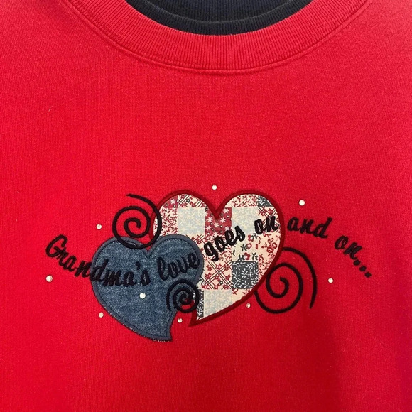 Vintage red crewneck sweatshirt long sleeve blue collar patchwork design grandma - Picture 4 of 4
